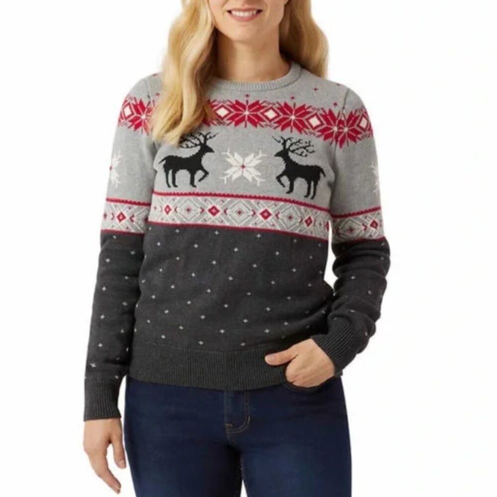 Chaps Women's Crewneck Family Holiday Christmas Sweater, Gray, Size M
